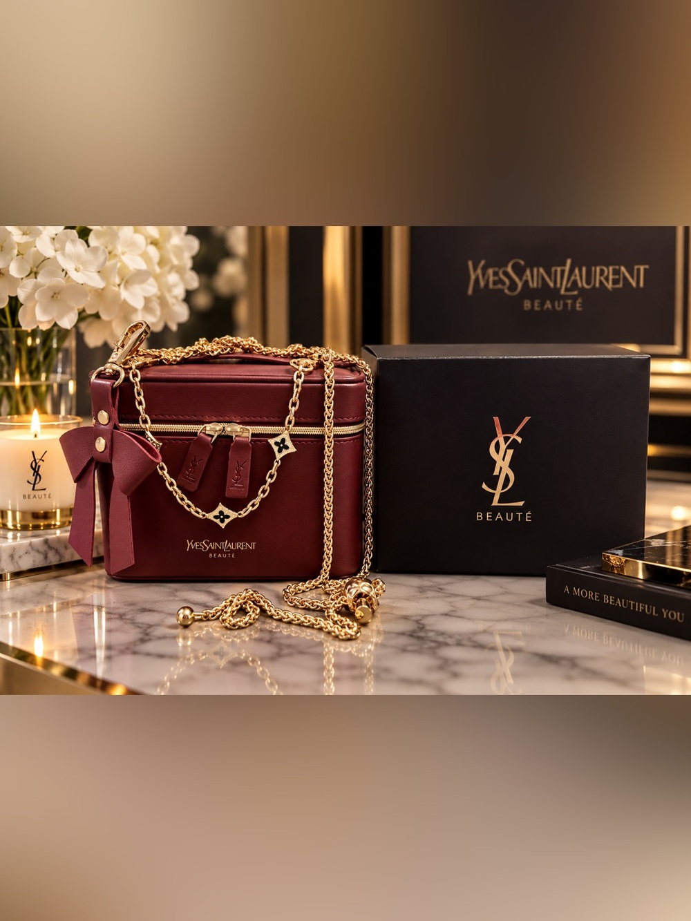 Yves Saint Laurent beaute Wine Red Leather Vanity Crossbody with Gold Chain